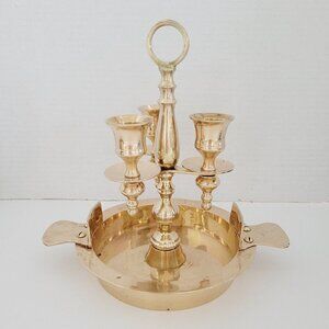 VTG Penco Solid Brass Candelabra 3 Candlestick Holder Drip Plate Art Deco INDIA